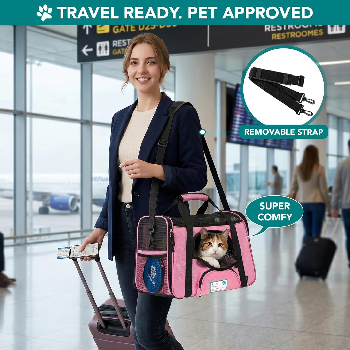 Airline Approved Pet Carrier for Cat, Soft Sided Dog Carrier for Small Dogs, Cat Travel Supplies Accessories for Indoor Cats, Ventilated Pet Carrying Bag Medium Large Kitten Puppy, Large Pink