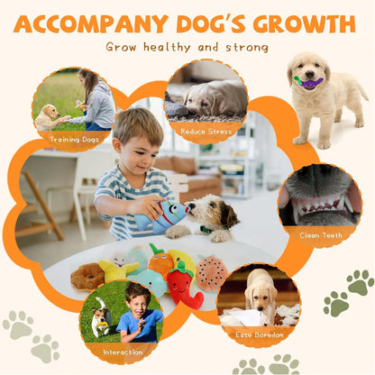 Cheerful 20-Pack Squeaky Dog Toys Set - Included 4 Dog Bags, Plush Puppy Toys with Irresistibly Cute Characters for Small Dogs, Interactive Dog Squeak Toys for Fun&Teeth Cleaning