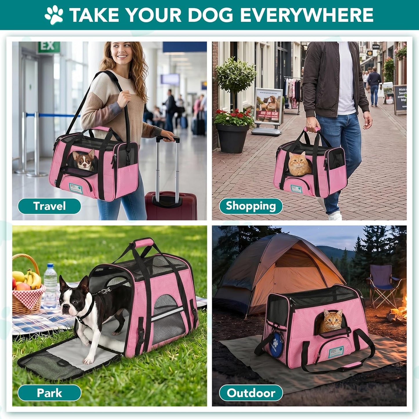 Airline Approved Pet Carrier for Cat, Soft Sided Dog Carrier for Small Dogs, Cat Travel Supplies Accessories for Indoor Cats, Ventilated Pet Carrying Bag Medium Large Kitten Puppy, Large Pink