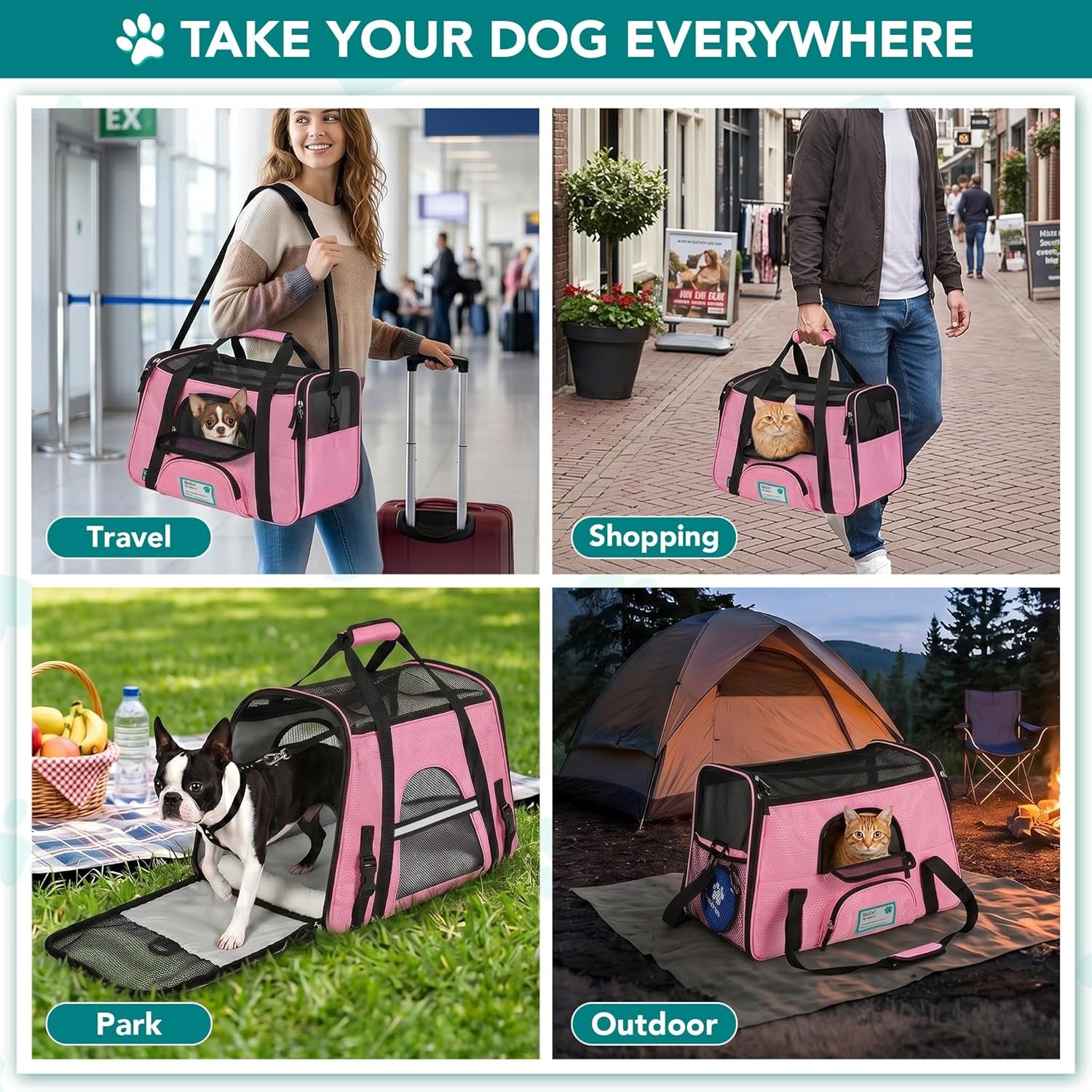 Airline Approved Pet Carrier for Cat, Soft Sided Dog Carrier for Small Dogs, Cat Travel Supplies Accessories for Indoor Cats, Ventilated Pet Carrying Bag Medium Large Kitten Puppy, Large Pink