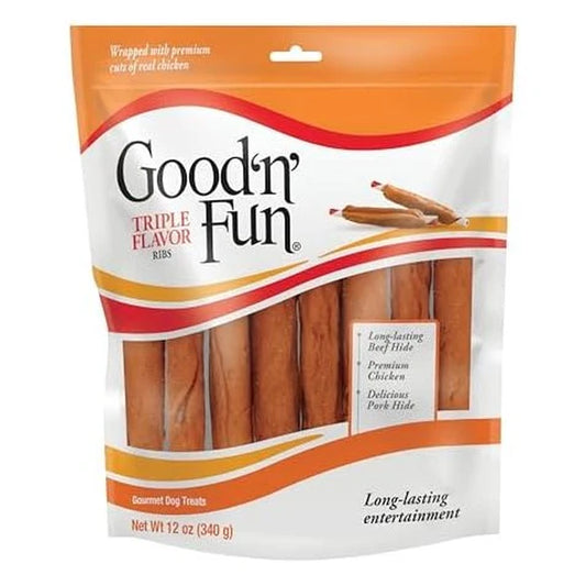 Triple Flavor Ribs Chews for All Dogs, 12 Ounces, Treat Your Dog to Long-Lasting Chews Made with Beef Hide, Chicken and Pork Hide