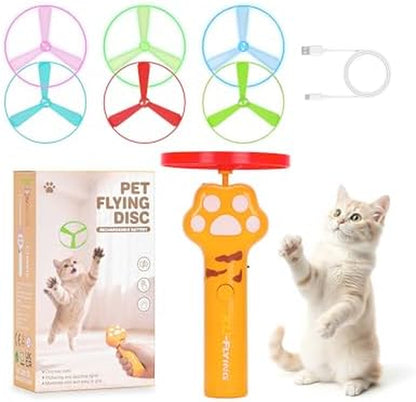 Cat Fetch Toy, Rechargeable Flying Disc Launcher with 6 Flying Discs, Cat Interactive Hunting Toys for Outdoor & Indoor
