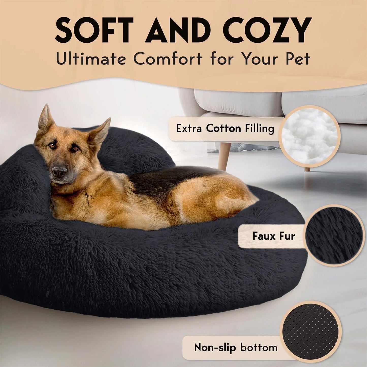 Petjett Calming Dog Beds Large Sized Dog - round Bed, Anti-Slip & Washable Super Soft Donut Bed, Fluffy Faux Fur Anti-Anxiety Premium Comfort Pet Bed, Fits Dogs - Black