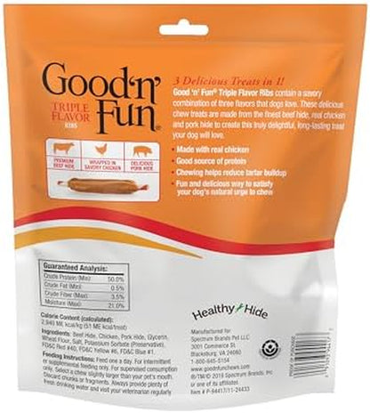 Triple Flavor Ribs Chews for All Dogs, 12 Ounces, Treat Your Dog to Long-Lasting Chews Made with Beef Hide, Chicken and Pork Hide